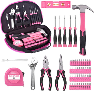 63PC Pink Tool Set, Wrench Screwdriver Home Repair Kit, Ladies' Gift, DIY Manual Tool Set with Pink Storage Bag