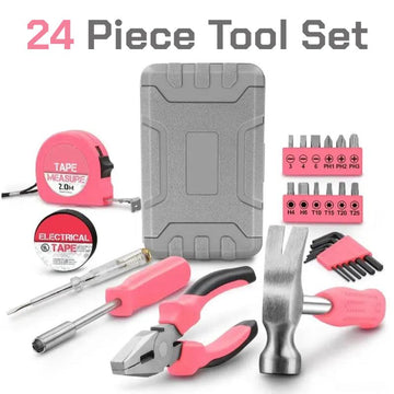 24Piece Tool Set General Household Hand Tool Kit with Plastic Toolbox Storage Case Pink for Woman