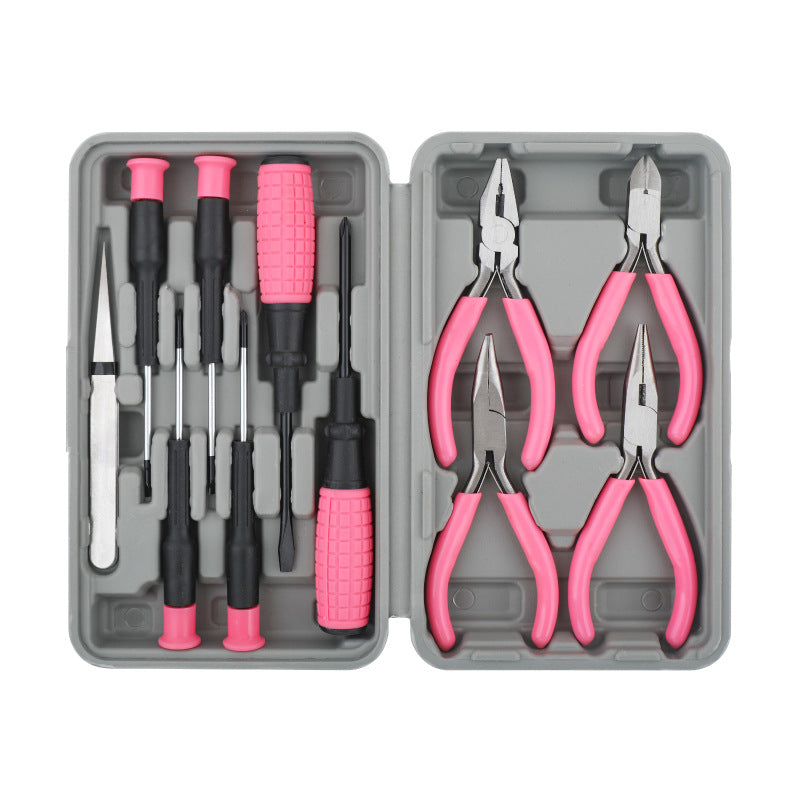 11PC Pink Womans Compact Crafts & Home DIY Repair Hand Tool Kit Set with Pliers, Cutters and Precision Screwdrivers for Ladies
