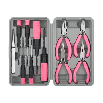 11PC Pink Womans Compact Crafts & Home DIY Repair Hand Tool Kit Set with Pliers, Cutters and Precision Screwdrivers for Ladies
