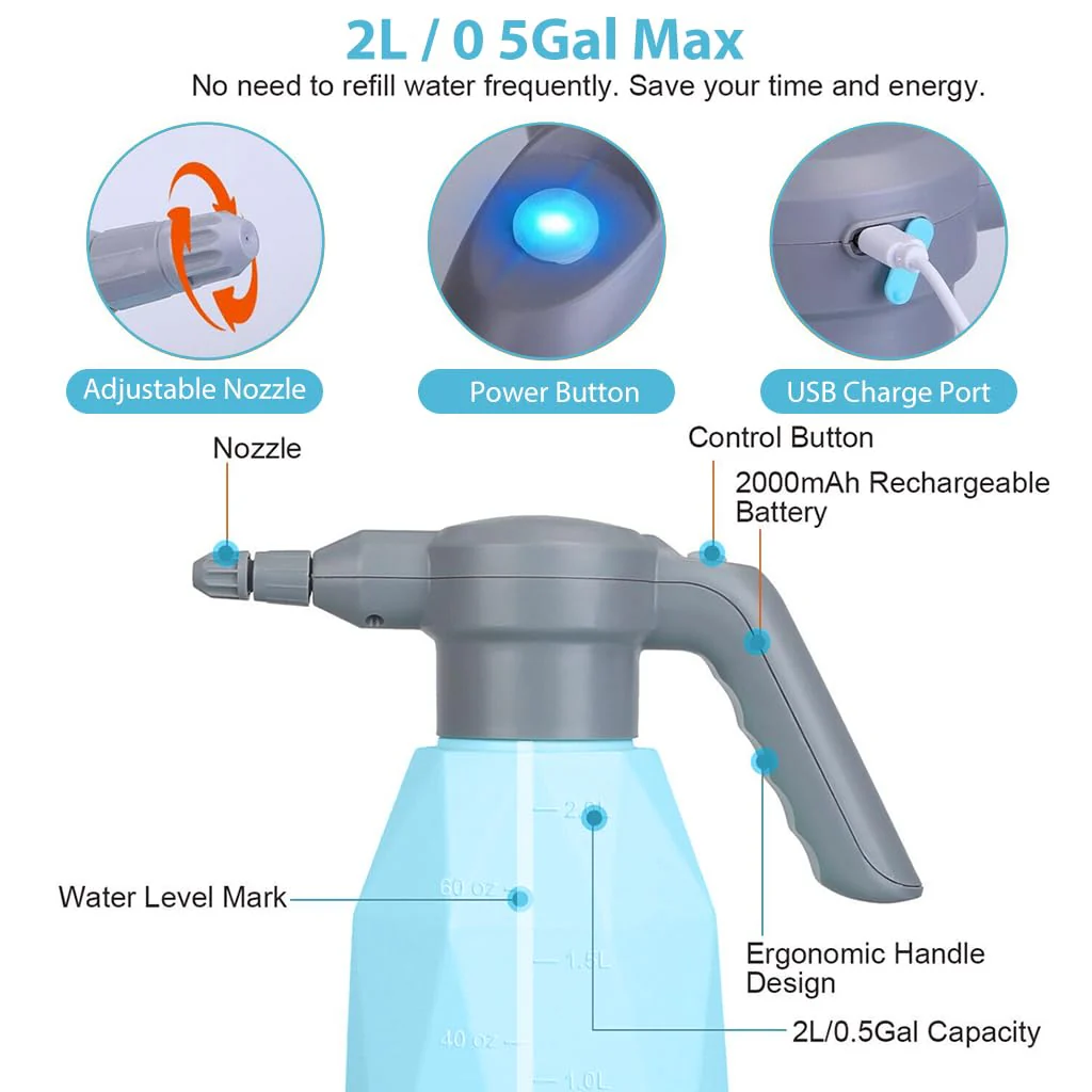 EVERDANT 0.5 Gallon Electric Sprayer,Extended Nozzle 2L Automatic Watering,Can Rechargeable Battery Powered Sprayer with Adjustable Spout for Garden,Fertilizing,Cleaning