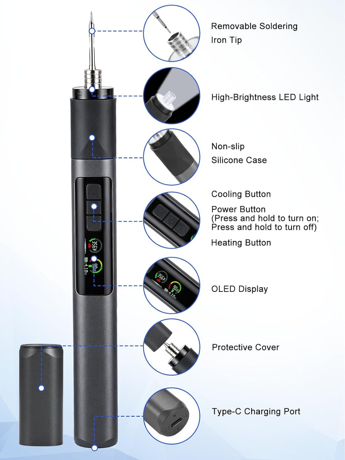 Wvoillty Kit de 75 W Fer a Souder Sans Fil Avec Batterie 1900 mAh, Intelligent Avec Ecran LCD, Recharge Rapide USB-C, Lampe LED Intégrée, 3 Pannes, Kit Soudage Sans Fil pour Professionnels