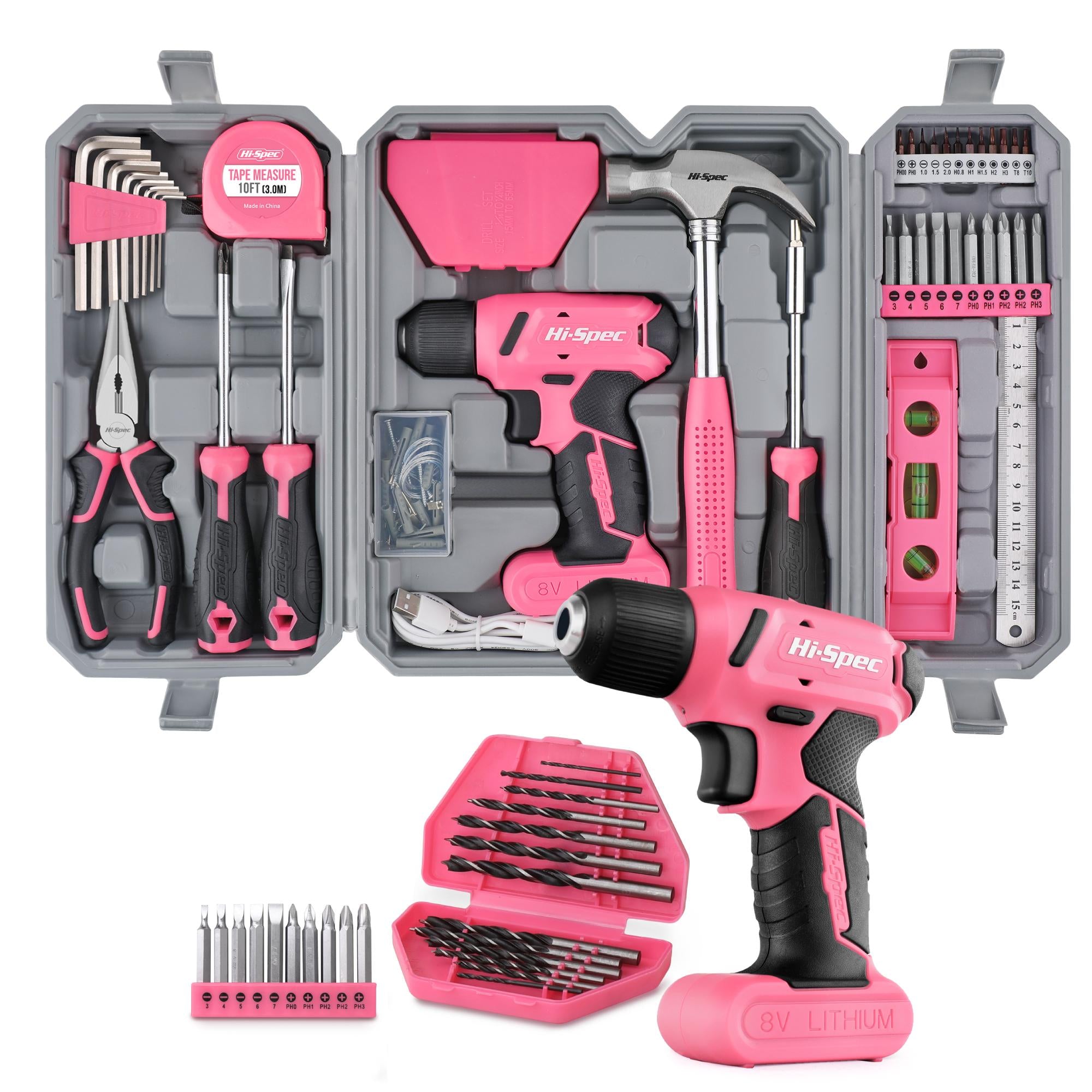 Drill Set 57pc Pink Tool Set 8V USB Electric Drill Driver & Household Tool Kit. DIY Cordless Screwdriver