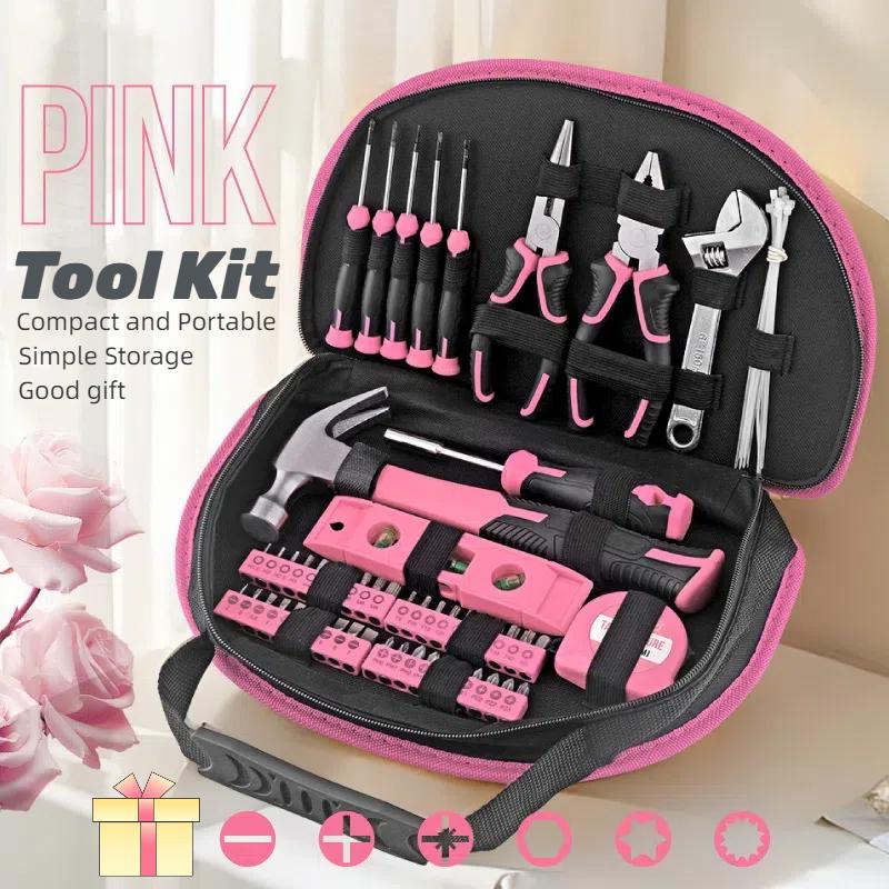 63PC Pink Tool Set, Wrench Screwdriver Home Repair Kit, Ladies' Gift, DIY Manual Tool Set with Pink Storage Bag