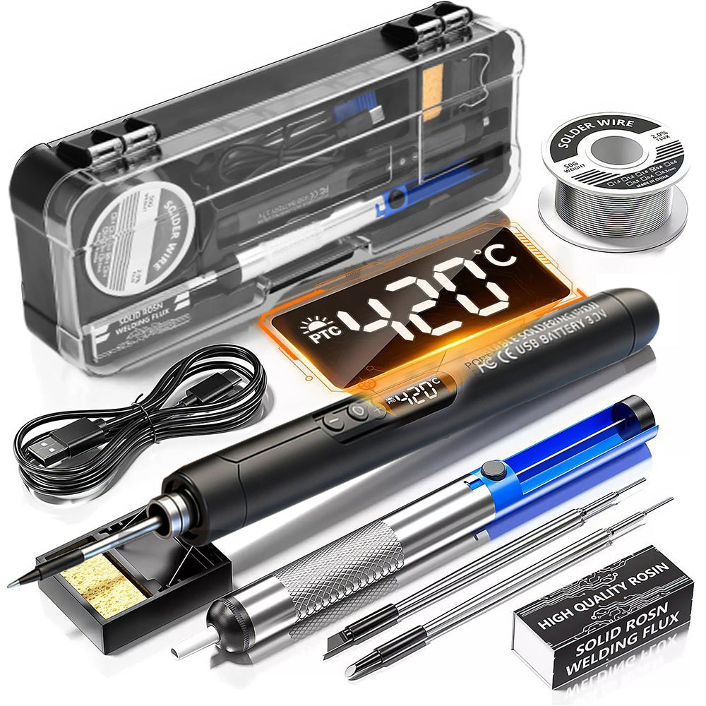 Mini Cordless Soldering Iron Kit, USB Type-C Rechargeable Soldering Gun with Ceramic Heater, LCD Digital Adjustable Temperature 260°C to 420°C for Home Appliance Repair, DIY (Gray)