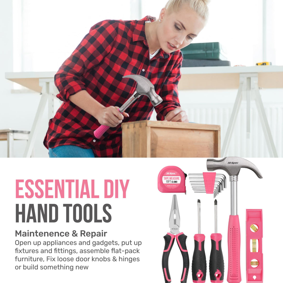 Drill Set 57pc Pink Tool Set 8V USB Electric Drill Driver & Household Tool Kit. DIY Cordless Screwdriver